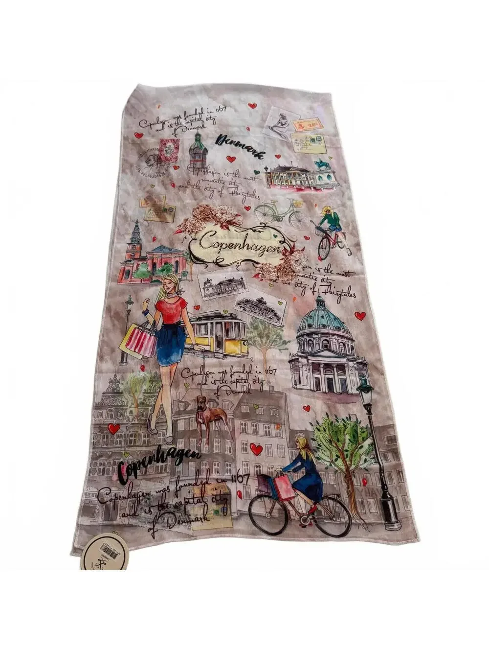 NWT Copenhagen Denmark Illustrated Souvenir Scarf Landmark Print Oversized Huge